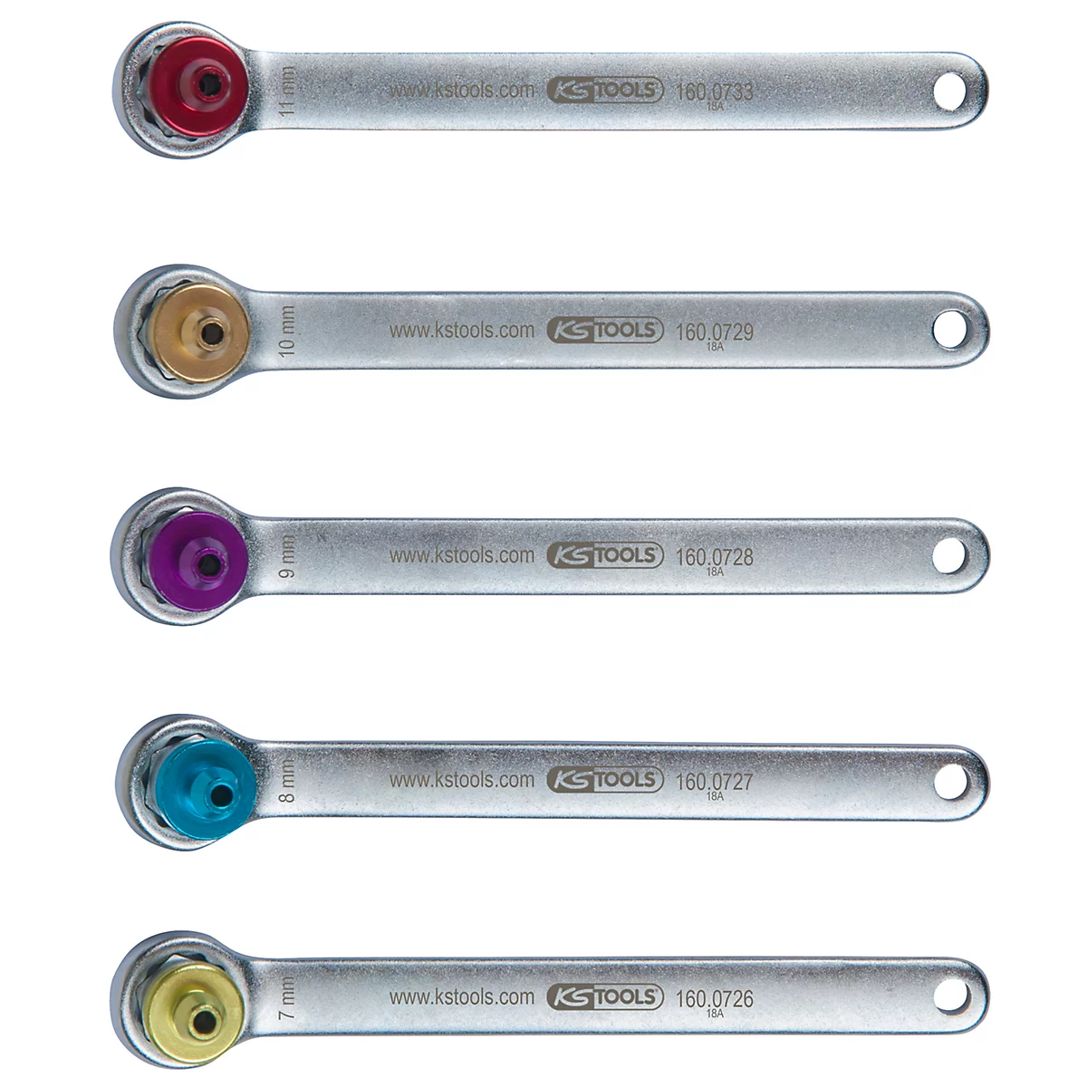 Fünf verschiedene farbige Knarrenschlüssel liegen nebeneinander. Die Schlüsselköpfe sind rot, gold, lila, blau und gelb.